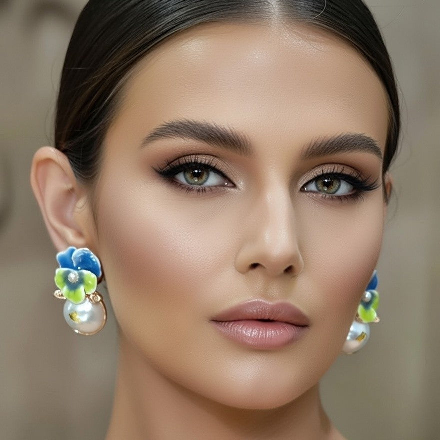 Blue & Green Pansy Enamel Pearl Drop Earrings – Handmade Floral Baroque Pearl Earrings – Artisan Botanical Gold-Plated Studs for Women