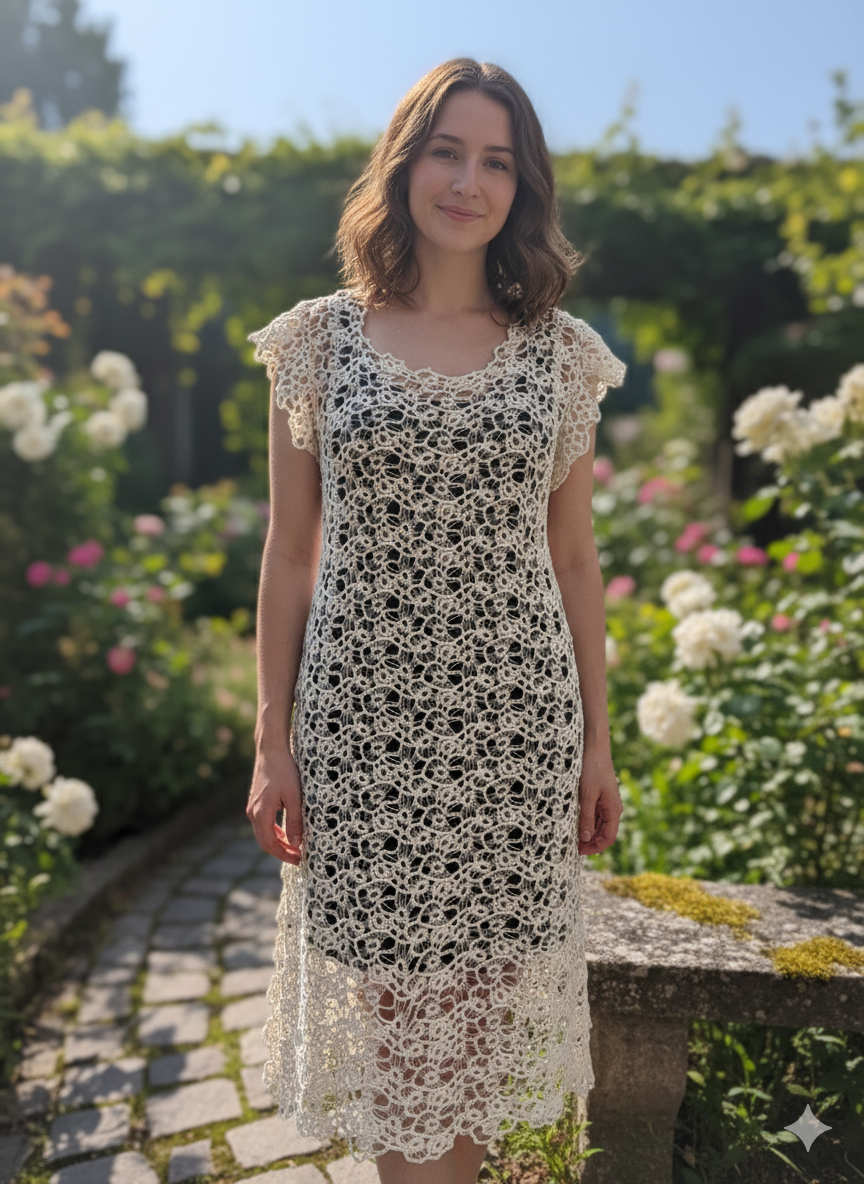 A cream-colored crochet lace tunic top with cap sleeves and a scalloped hem