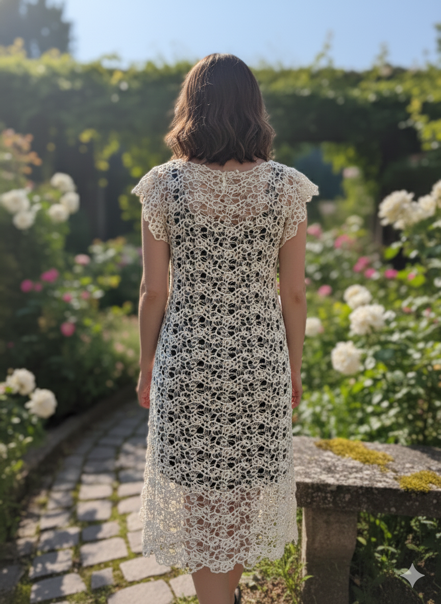 A detailed open-work crochet dress with intricate floral patterns