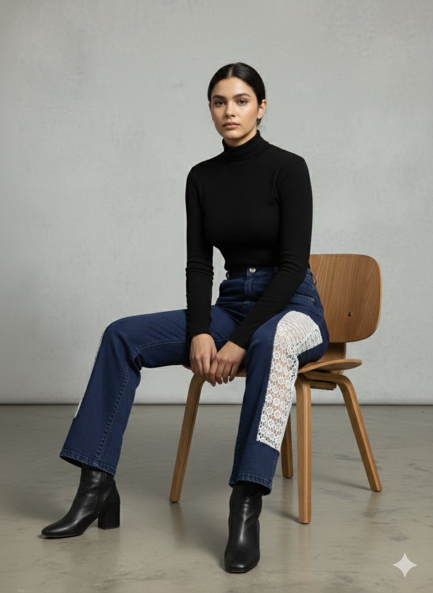 Dark wash denim jeans featuring a white crochet GPO fabric panel along the outer leg