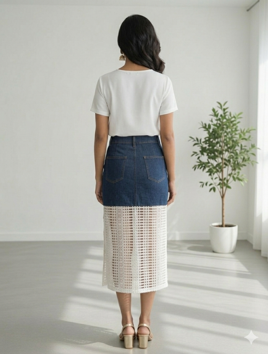 Handmade High-Waisted Denim & Eyelet Lace Midi Skirt – Artisan Button-Down Jean Skirt with Crochet Panel – Custom Design Women’s Apparel