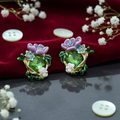 Green diamond purple flower stud earring