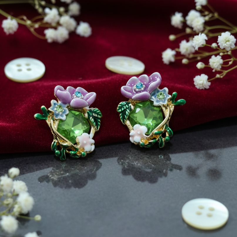 Green diamond purple flower stud earring