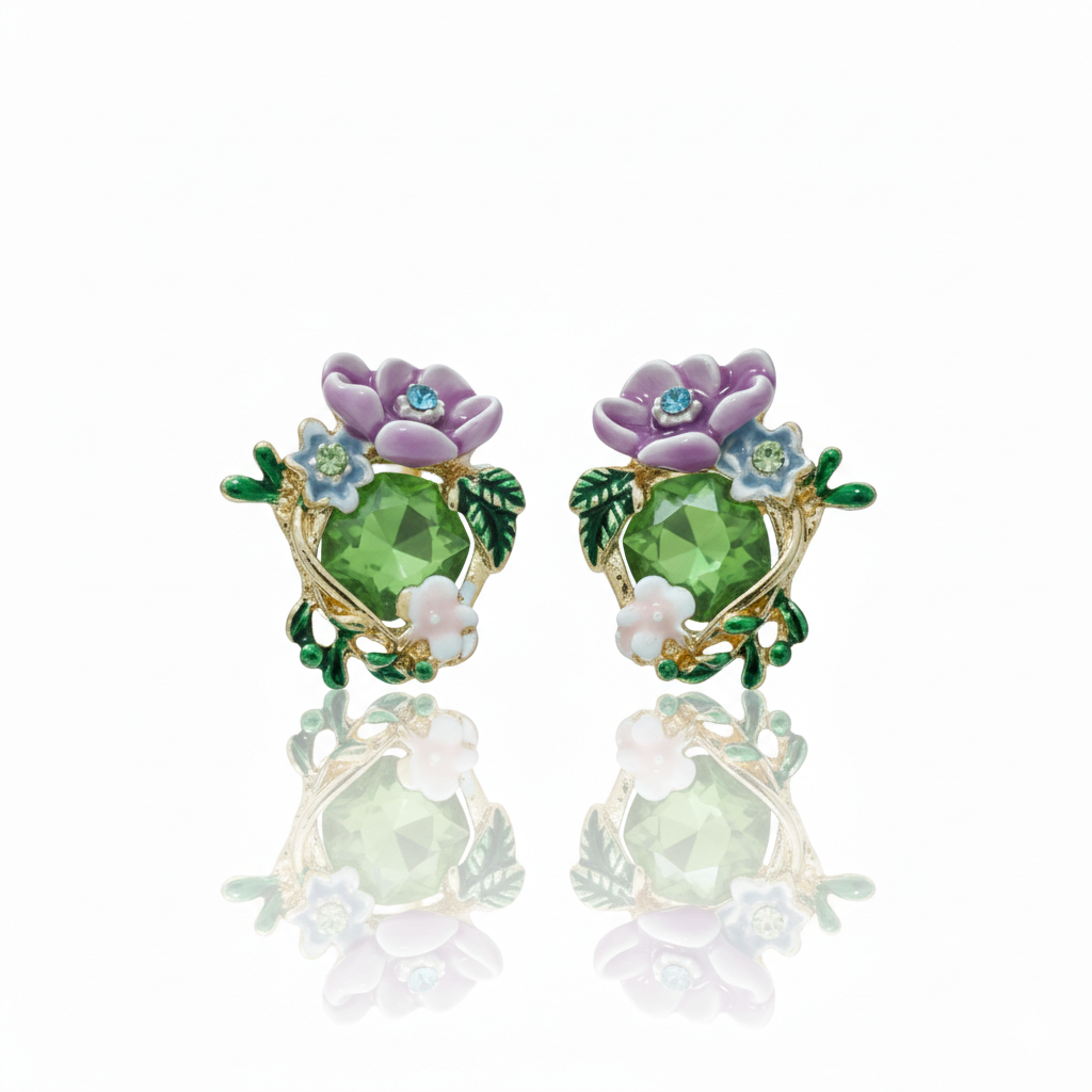 KurlyWurly vintage-style big diamond floral enamel earrings