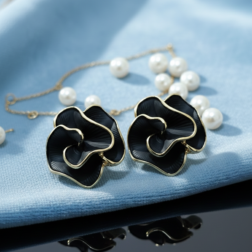 Matte black rose stud earrings with gold-toned edges