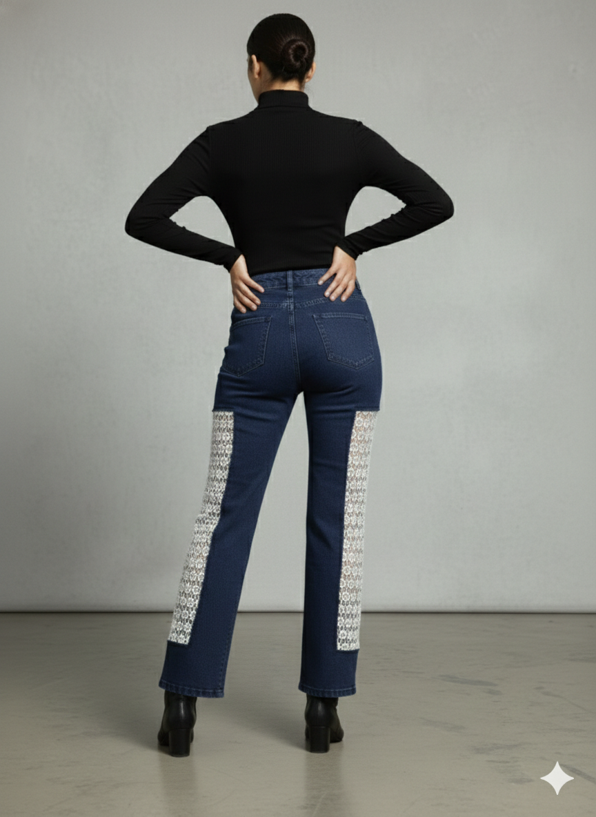 Modern fashion styling of dark blue jeans with decorative white GPO crochet panels on the thighs and shins