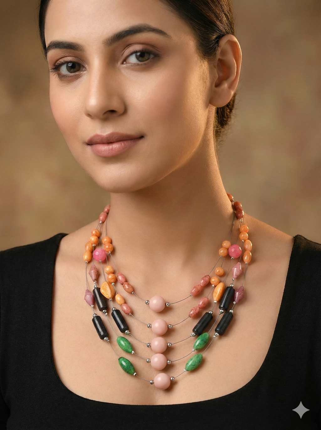 Multi-layered statement neckpiece with earthy tones and asymmetrical bead patterns