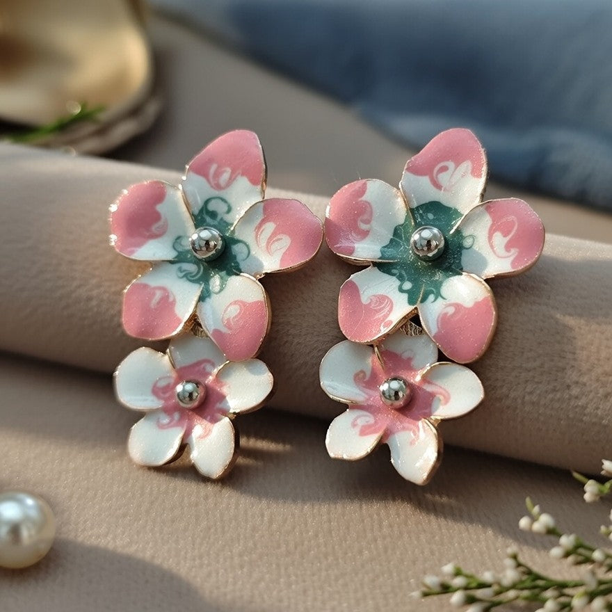 Pink Enameled Floral Dangling Earring
