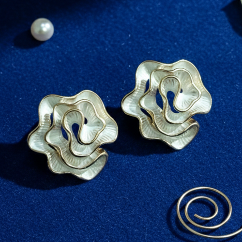Sculptural 3D rose earrings with ruffled petals in gold and silver tones