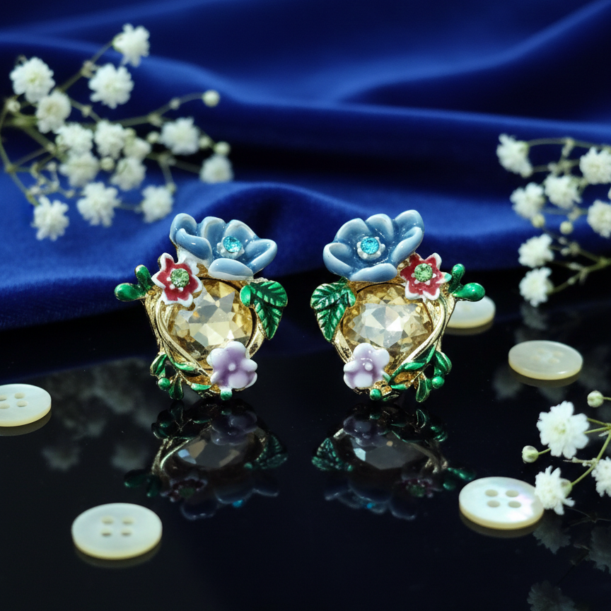 Vintage-style gold and colorful enamel flower studs