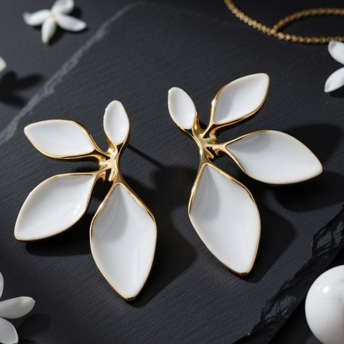 White Enamel half floral big stud