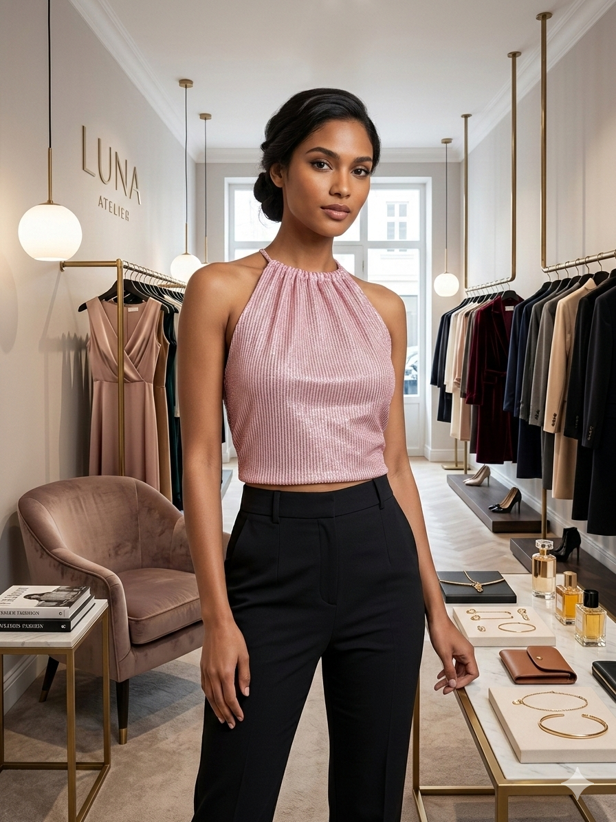 a pink glittery sleeveless top with a gathered high neckline and a metallic sheen