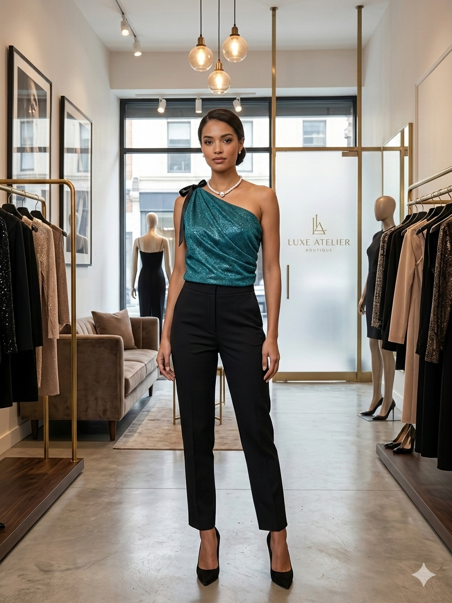 a teal green glittery sleeveless top featuring a convertible wrap style and metallic finish