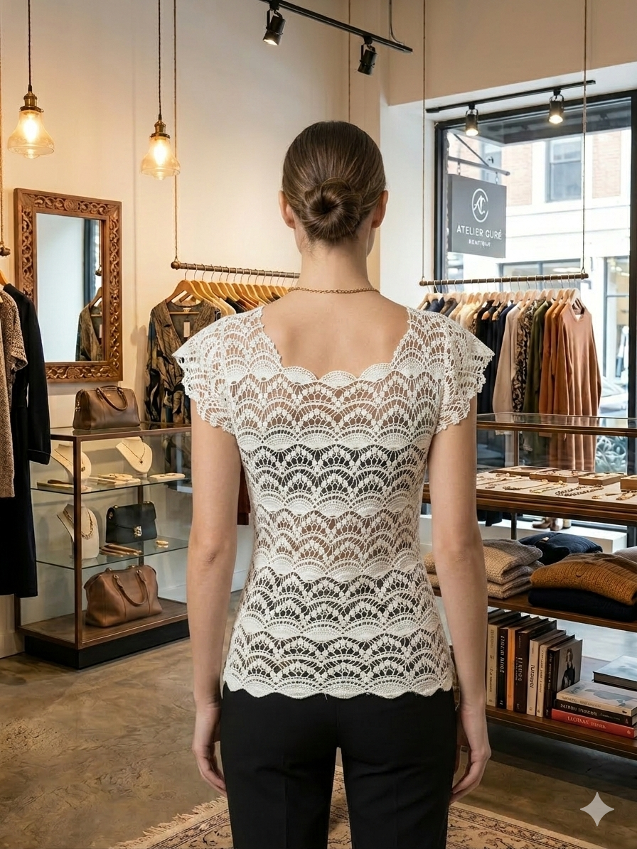 a white lace crochet top featuring a layered wave pattern and delicate cap sleeves