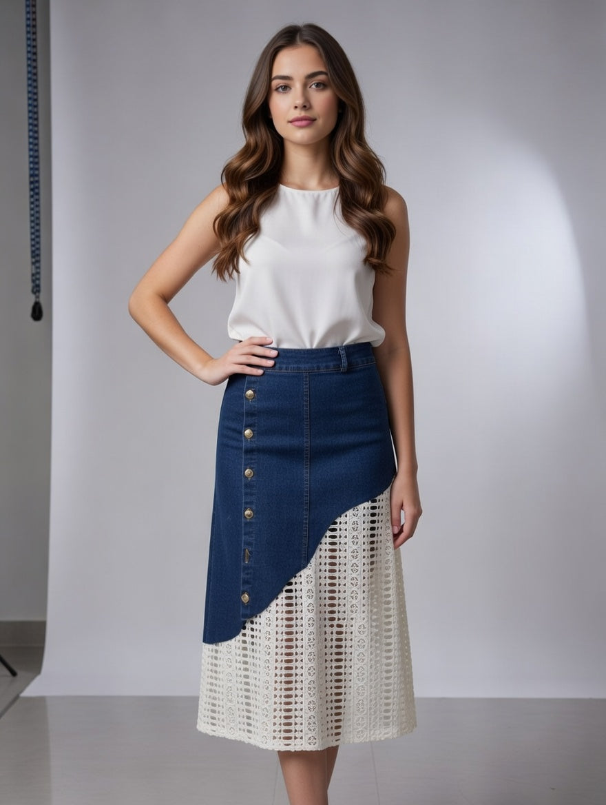 Handmade Asymmetric Denim & Crochet Lace Midi Skirt – Custom Design High-Waisted Patchwork Side Slit Jean Skirt with Gold Buttons