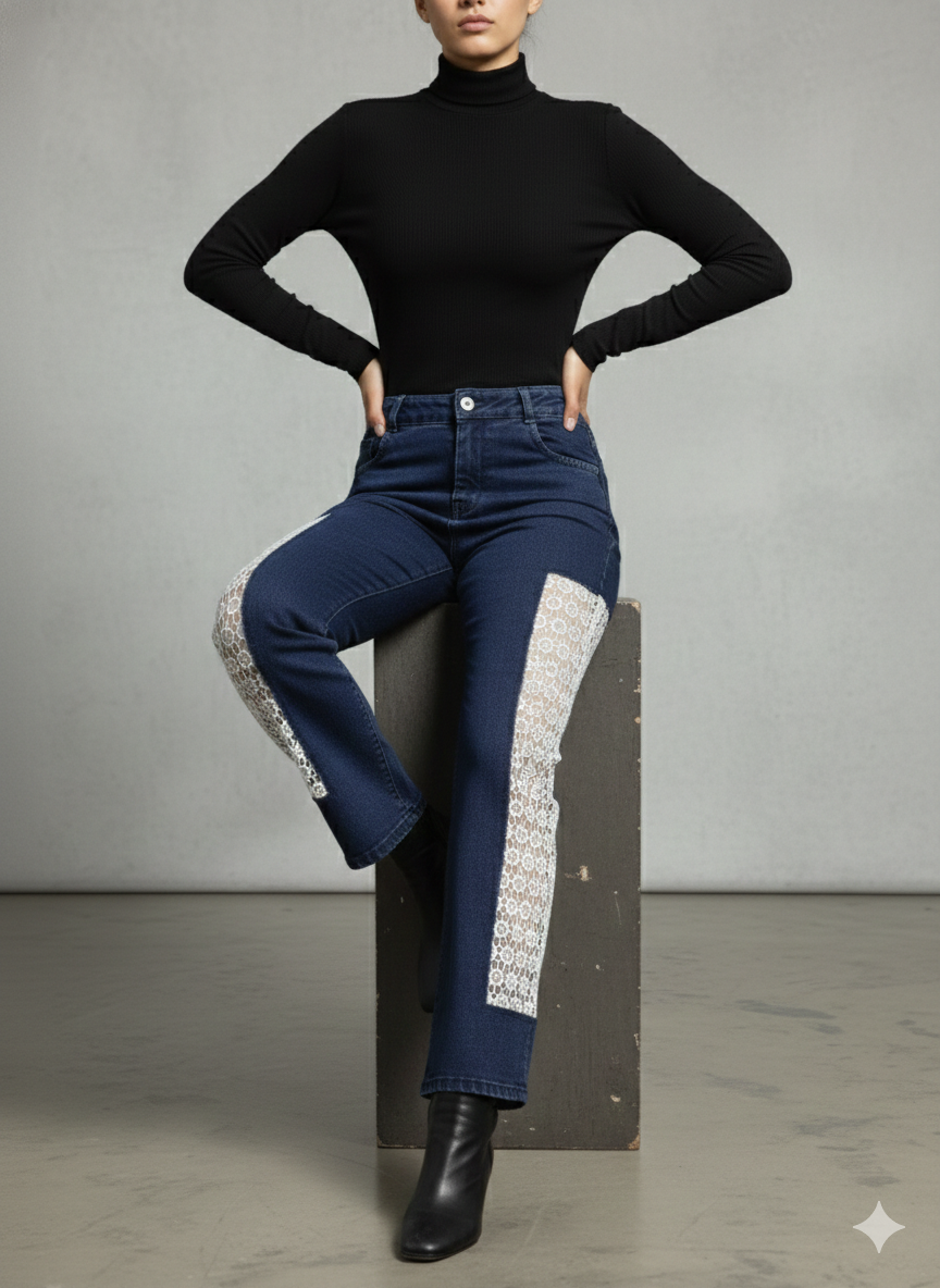 blue jeans customized with intricate lace-like crochet side inserts