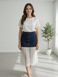 Handmade High-Waisted Denim & Eyelet Lace Midi Skirt – Artisan Button-Down Jean Skirt with Crochet Panel – Custom Design Women’s Apparel
