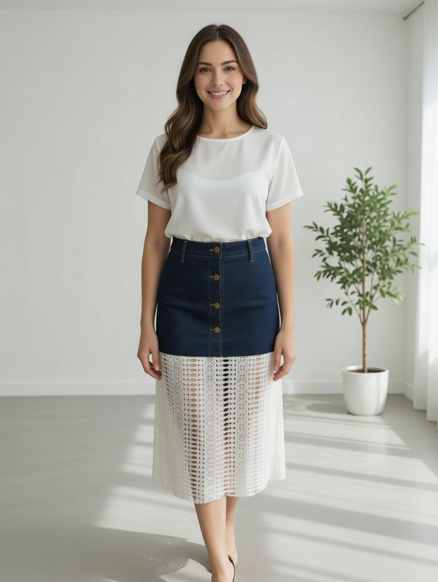 Handmade High-Waisted Denim & Eyelet Lace Midi Skirt – Artisan Button-Down Jean Skirt with Crochet Panel – Custom Design Women’s Apparel