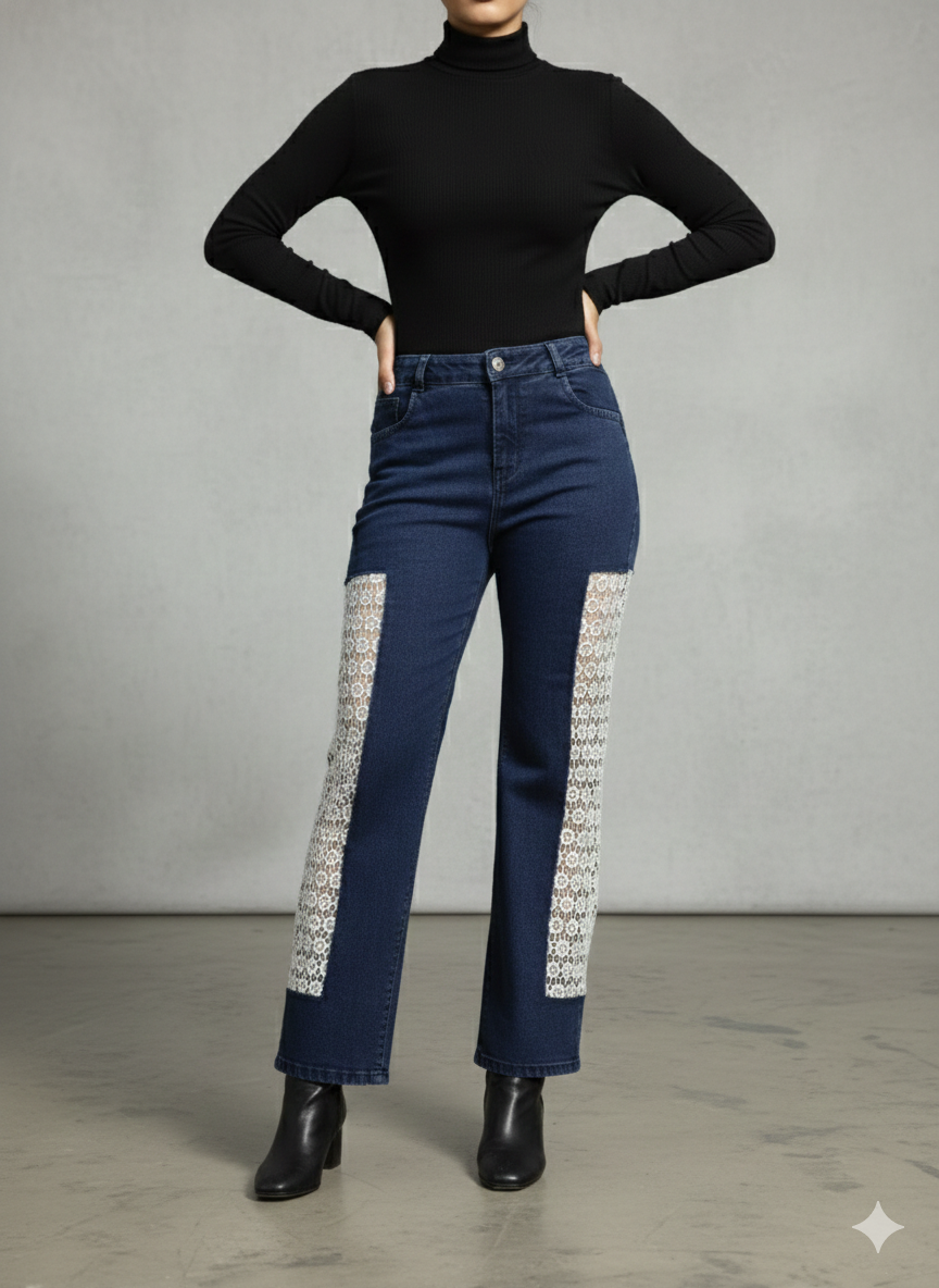 high-waisted denim pants updated with a vertical white crochet fabric detail for a bohemian look