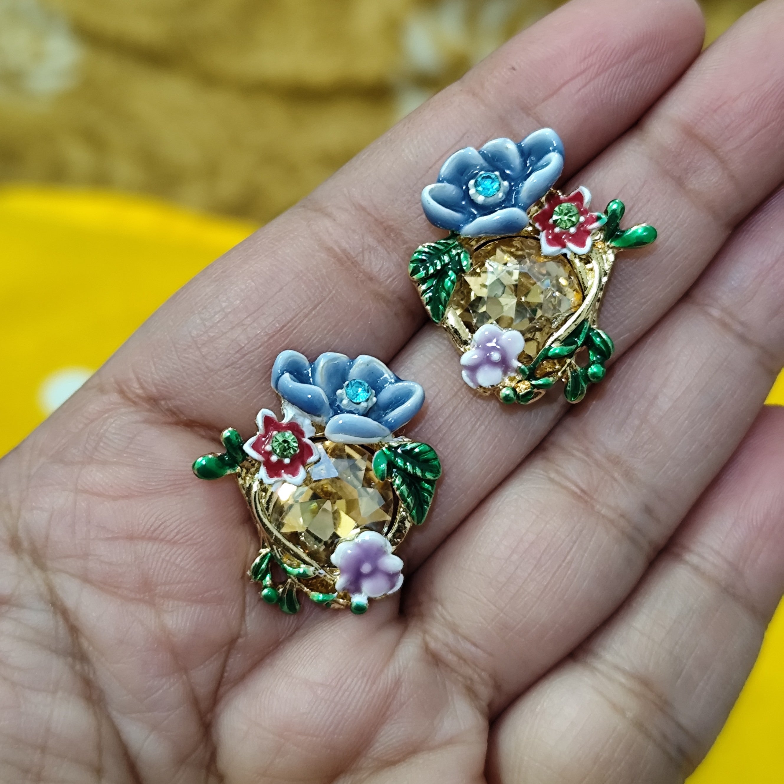 light blue and lavender enamel flowers stud earrings